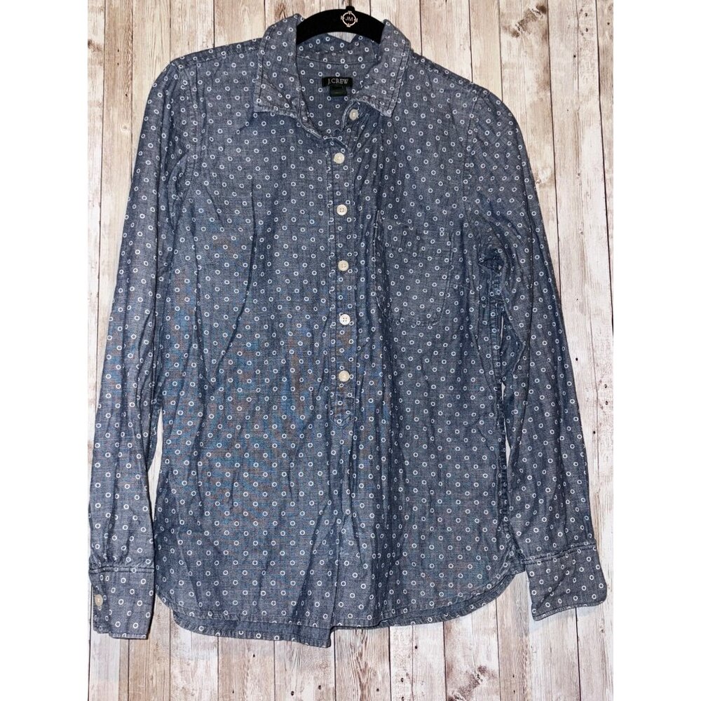 J. Crew Shirt Women's Chambray Denim Long Sleeve Circle Print Top Green Label